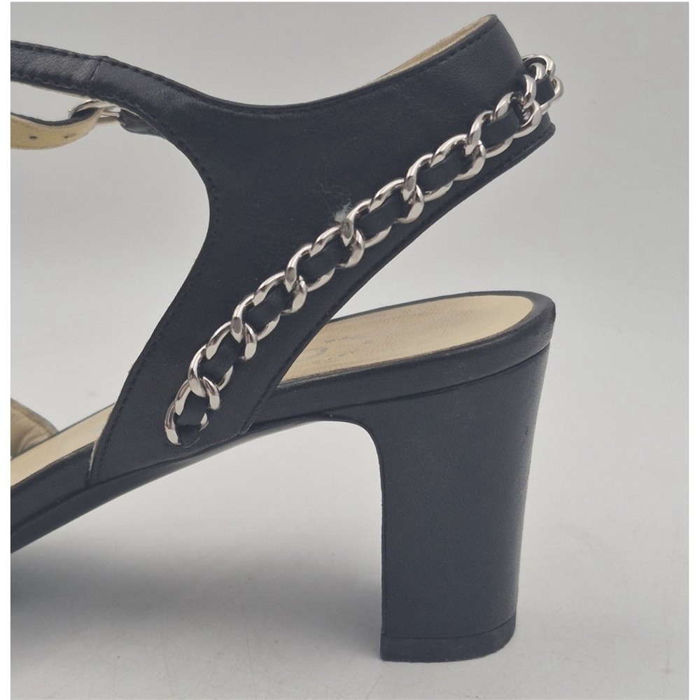 CHANEL Black Chain T-Strap Sandal Heels 39.5 8.5 Silver CC Block - Picture 4 of 12